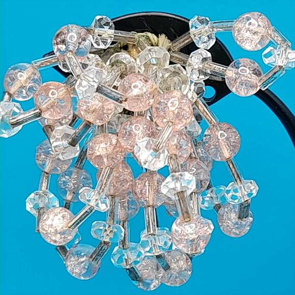 Vintage Pink Clear Waterfall Clip Earrings, Hand-Threaded, 1940s, 2" - Picture 2 of 12